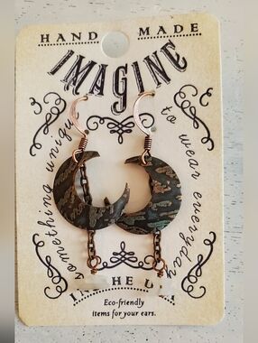 NWT Handcrafted Crescent Moon Dangle Earrings - Patina Green & Copper